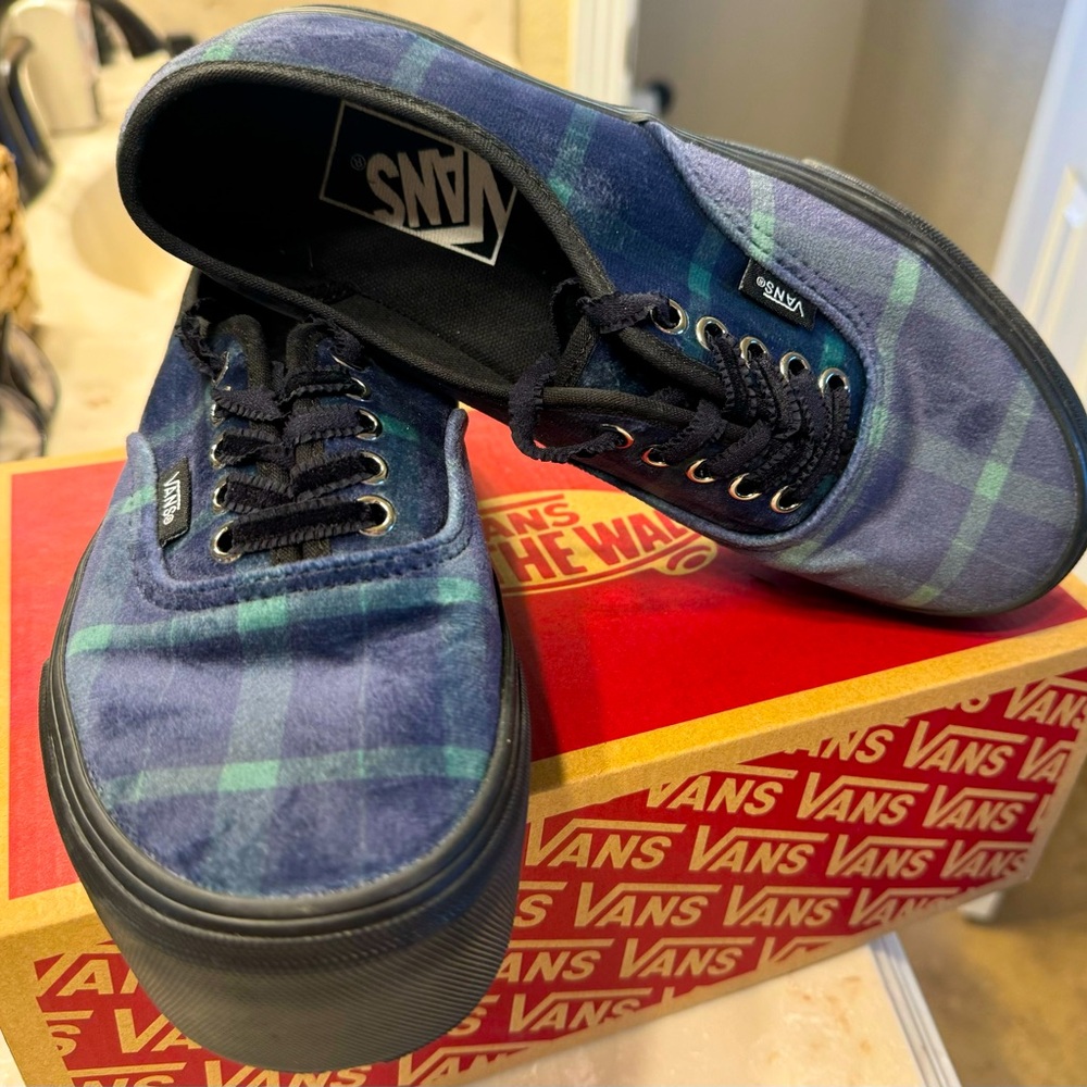 Gently used Velvet Green/Blue Plaid Authentic Stac Vans.